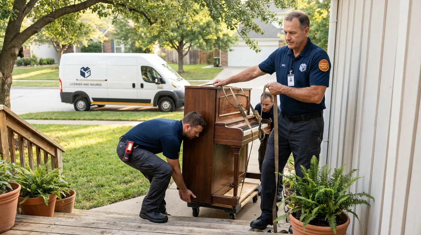 Licensed piano movers securing grand piano in Epworth, IA
