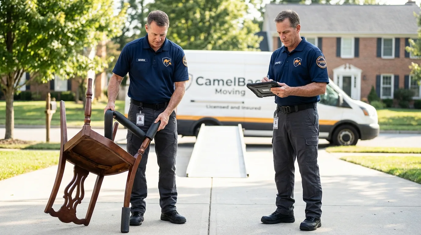 Movers inspecting furniture for damage prevention before loading in Epworth, IA