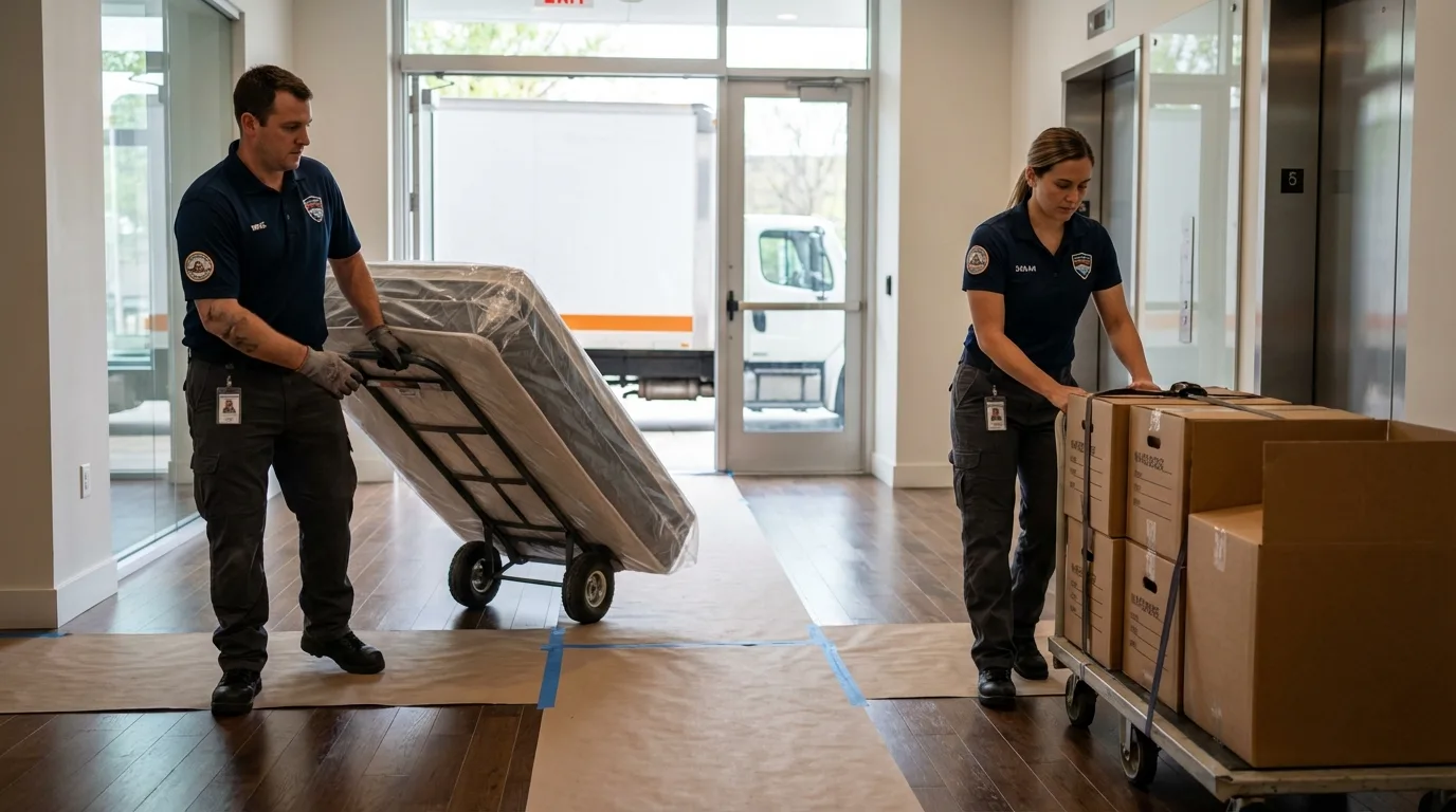 Professional apartment movers loading elevator in Epworth, IA