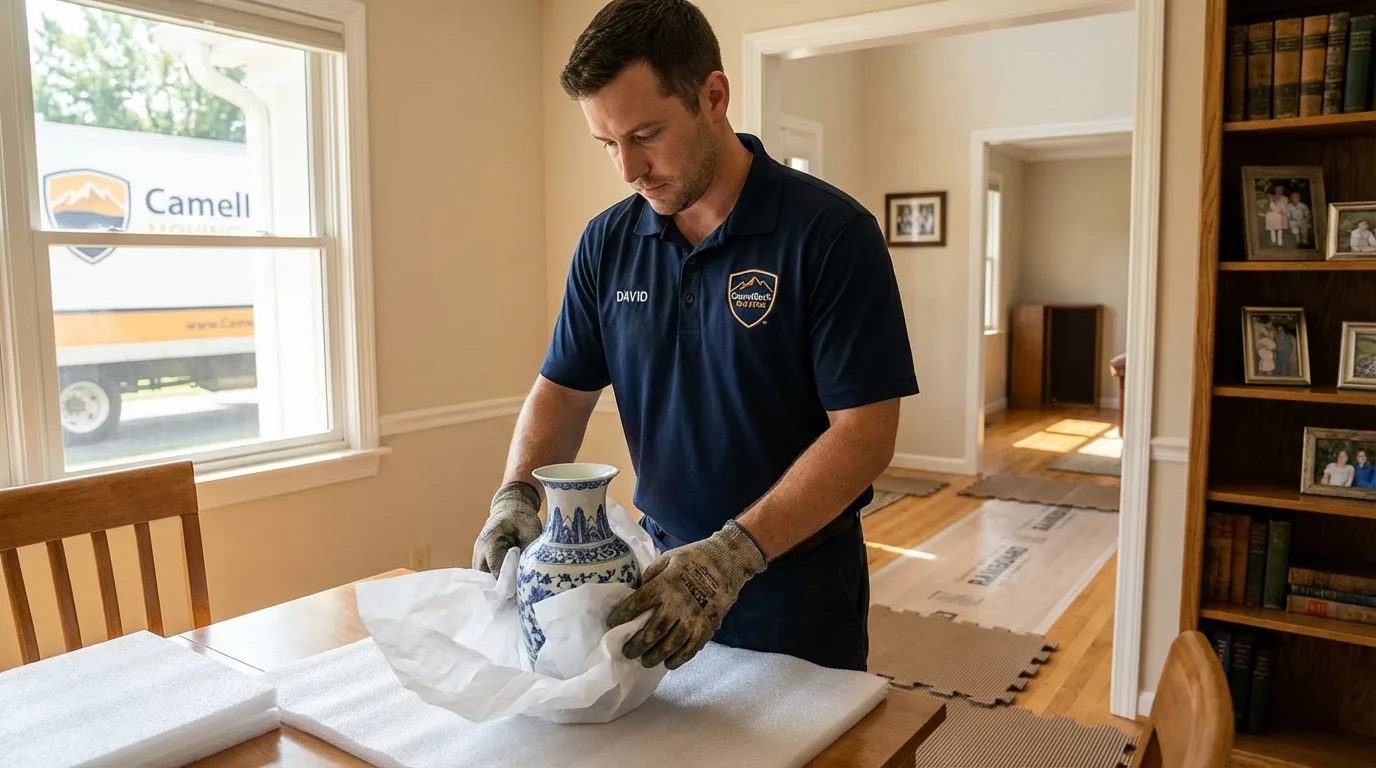 Professional crew carefully wrapping antique vase for senior downsizing move in Epworth, IA