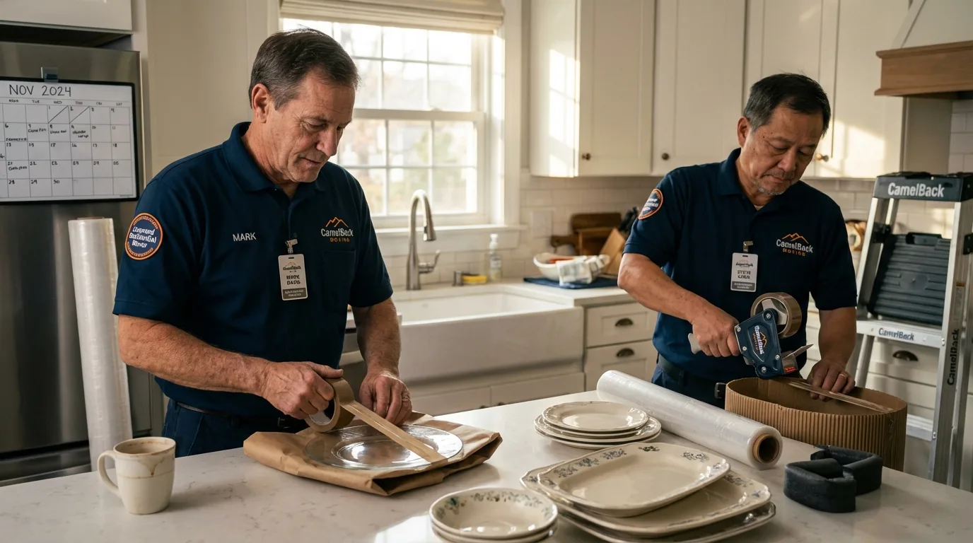 Professional crew packing kitchen dishware in Epworth, IA